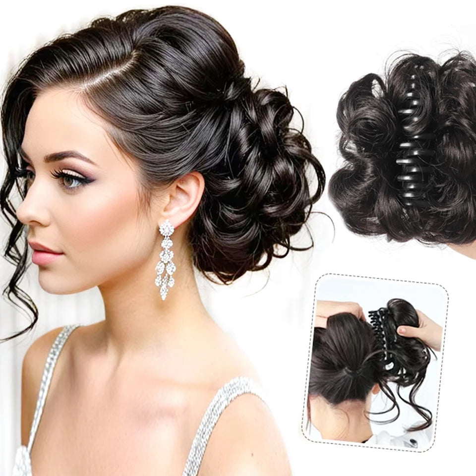 Chignon synthétique à griffes pour femmes, postiche chignon court bouclé, extensions de cheveux à clipser, chignon désordonné, noir, marron
