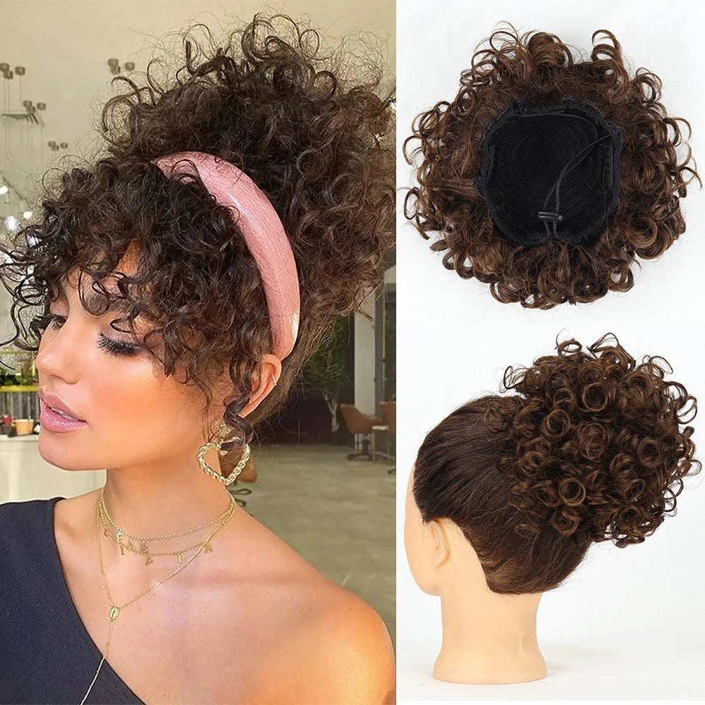 Chignon synthétique en désordre, 60g, cordon élastique, vague lâche, bouclé, Extensions de cheveux pour femmes, brun foncé
