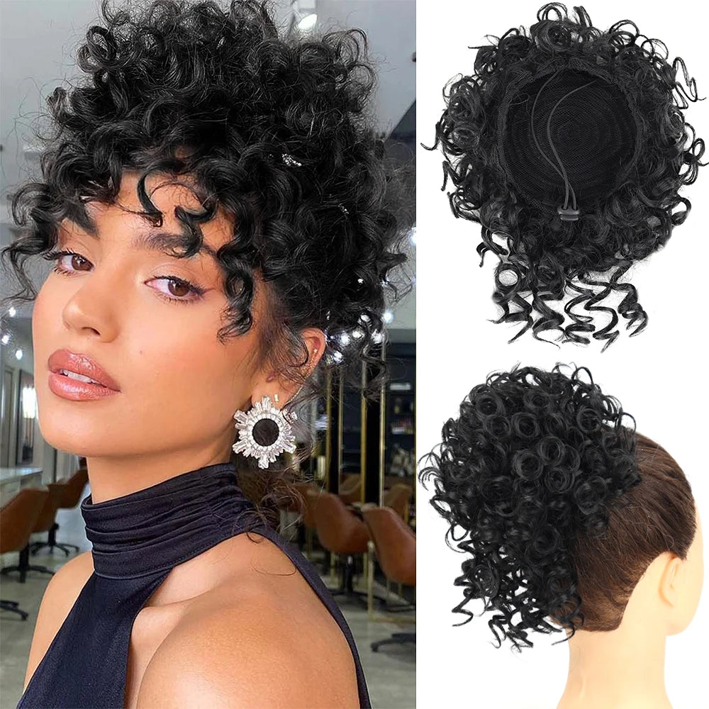 Chignon synthétique en désordre, 60g, cordon élastique, vague lâche, bouclé, Extensions de cheveux pour femmes, brun foncé