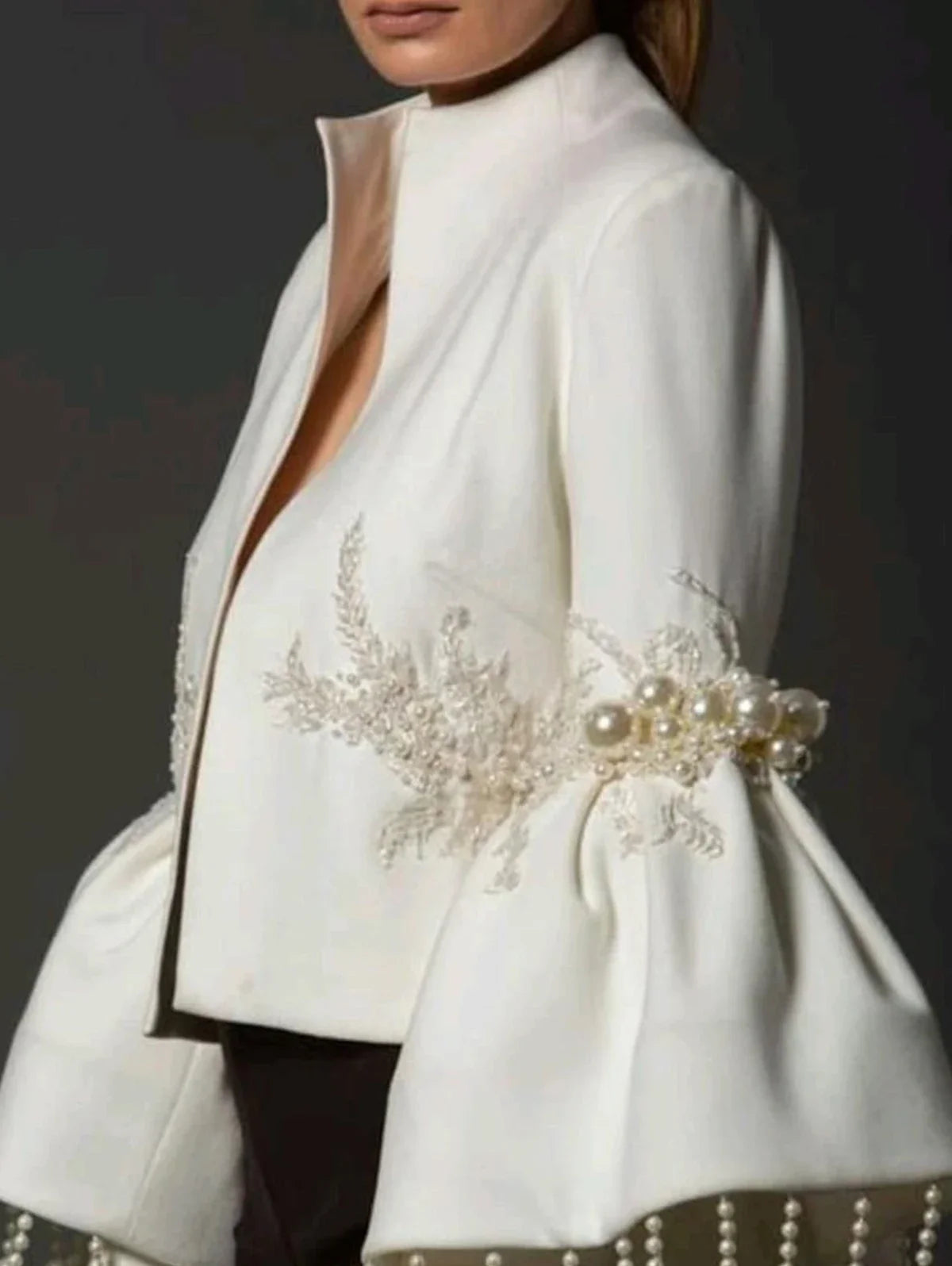 Femmes perle gland veste mode élégant col montant perle frangée décor broderie manches évasées manteau automne hiver vêtements d'extérieur