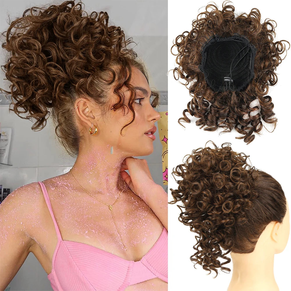 Chignon synthétique en désordre, 60g, cordon élastique, vague lâche, bouclé, Extensions de cheveux pour femmes, brun foncé