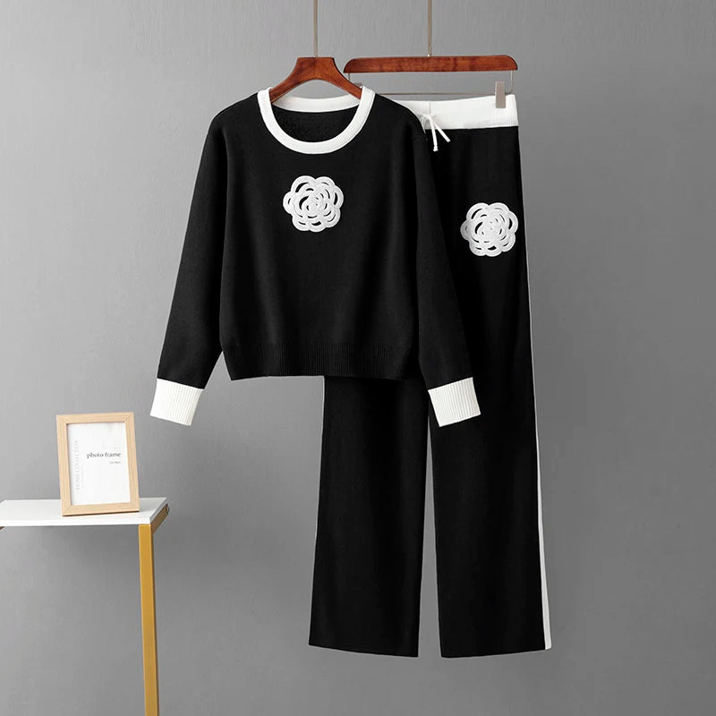 Décontracté tricoté deux pièces femmes ensembles pull à fleurs correspondant ensembles tricot survêtement femmes deux pièces ensemble 2 pièces ensemble d'hiver pour les femmes
