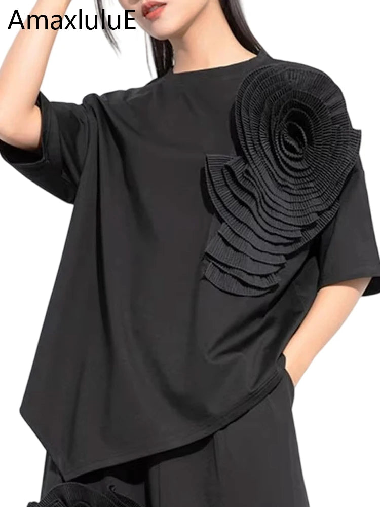 Amax luluE 2024 Design été hauts femmes col rond Floral Patchwork ample décontracté luxe t-shirts dames classique Harajuku vêtements