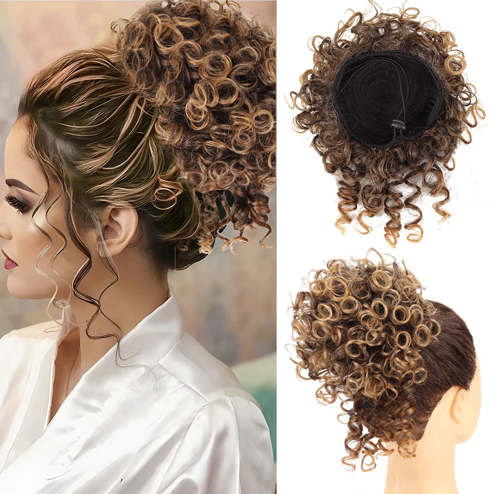 Chignon synthétique en désordre, 60g, cordon élastique, vague lâche, bouclé, Extensions de cheveux pour femmes, brun foncé