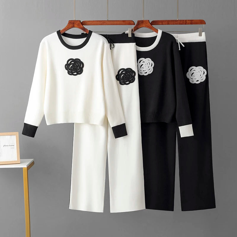 Décontracté tricoté deux pièces femmes ensembles pull à fleurs correspondant ensembles tricot survêtement femmes deux pièces ensemble 2 pièces ensemble d'hiver pour les femmes