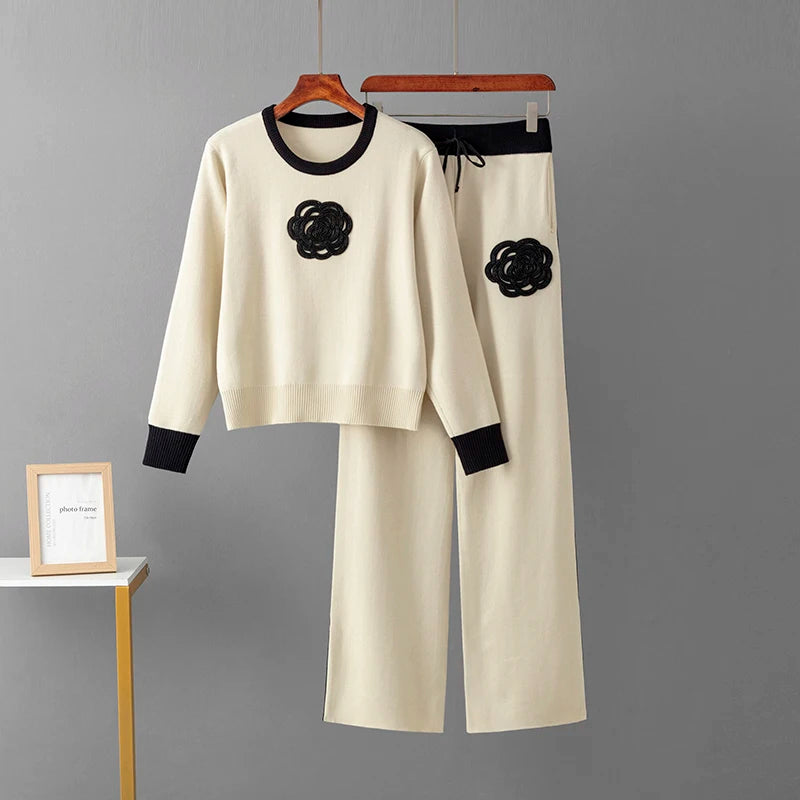 Décontracté tricoté deux pièces femmes ensembles pull à fleurs correspondant ensembles tricot survêtement femmes deux pièces ensemble 2 pièces ensemble d'hiver pour les femmes
