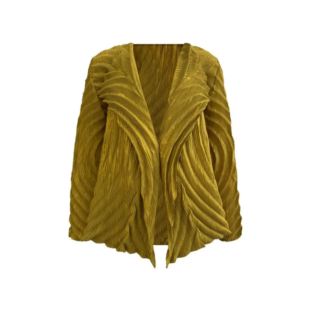 Miyake – Cardigan plissé pour femme, industrie lourde, Design à revers irrégulier, veste courte à neuf manches, automne