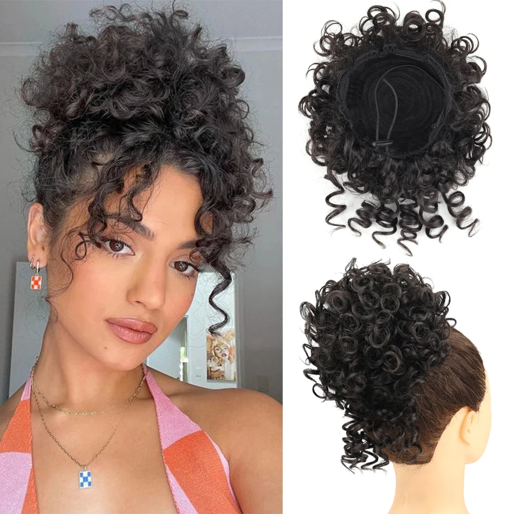 Chignon synthétique en désordre, 60g, cordon élastique, vague lâche, bouclé, Extensions de cheveux pour femmes, brun foncé