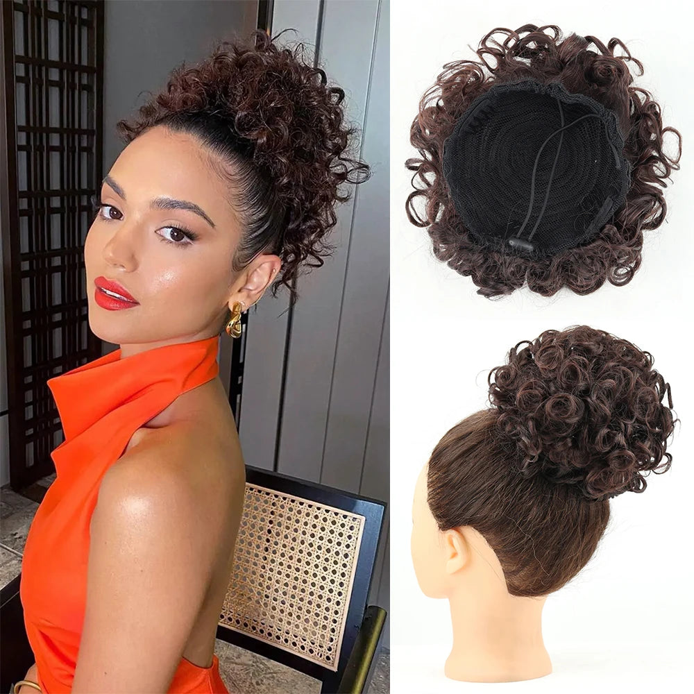 Chignon synthétique en désordre, 60g, cordon élastique, vague lâche, bouclé, Extensions de cheveux pour femmes, brun foncé