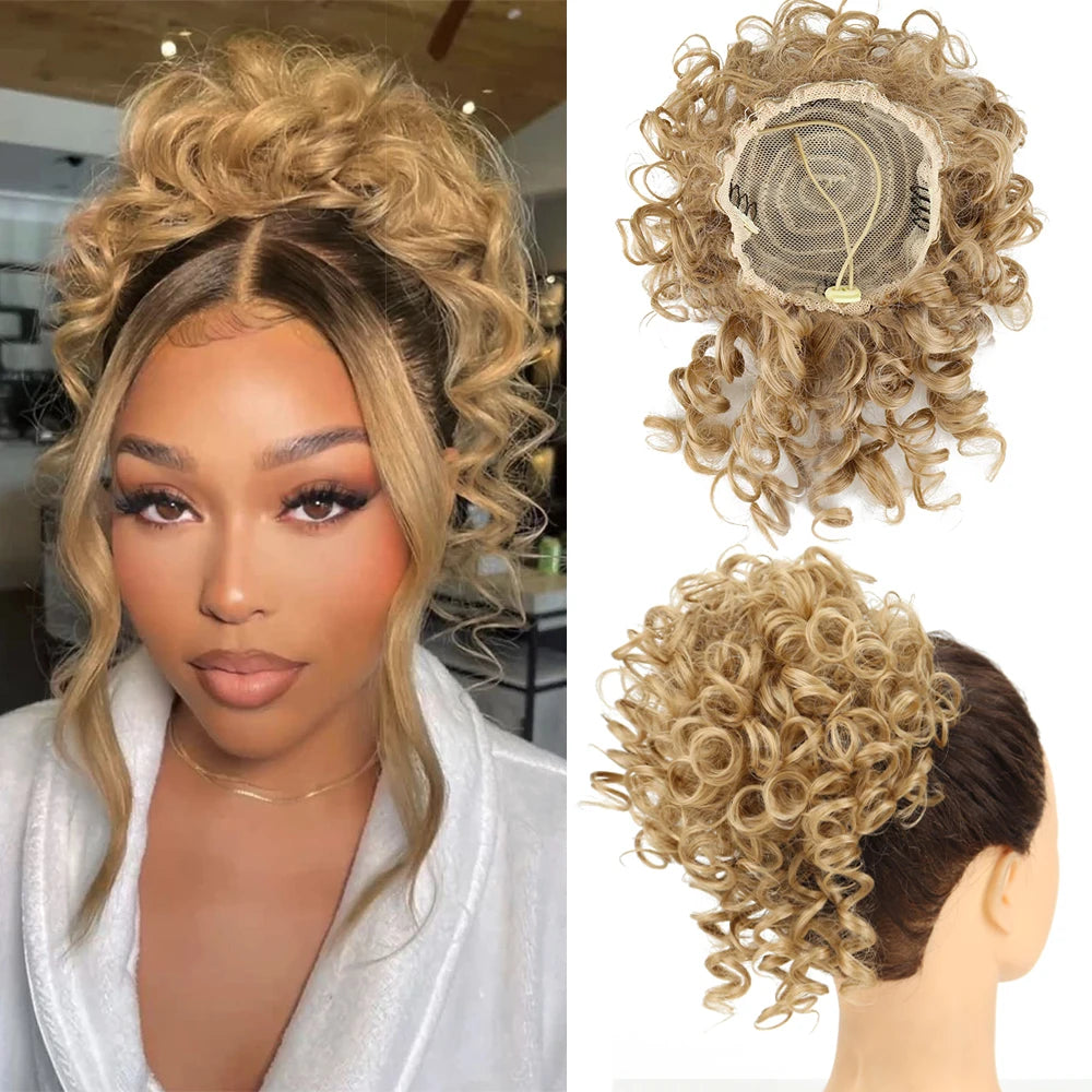 Chignon synthétique en désordre, 60g, cordon élastique, vague lâche, bouclé, Extensions de cheveux pour femmes, brun foncé