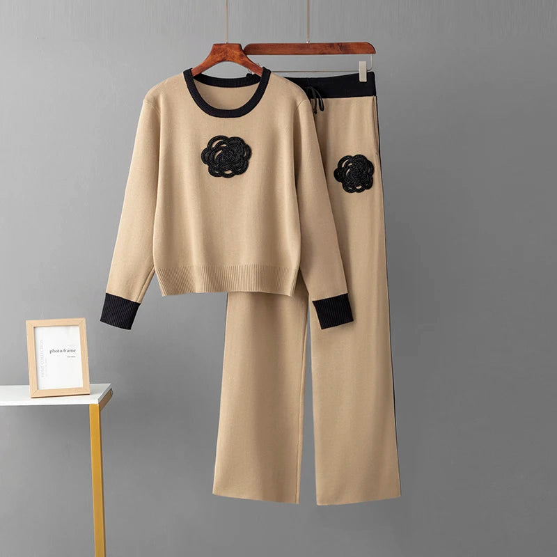 Décontracté tricoté deux pièces femmes ensembles pull à fleurs correspondant ensembles tricot survêtement femmes deux pièces ensemble 2 pièces ensemble d'hiver pour les femmes