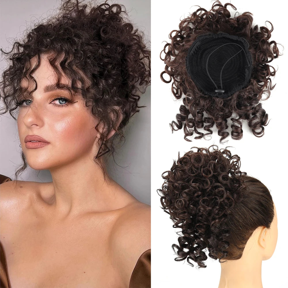 Chignon synthétique en désordre, 60g, cordon élastique, vague lâche, bouclé, Extensions de cheveux pour femmes, brun foncé